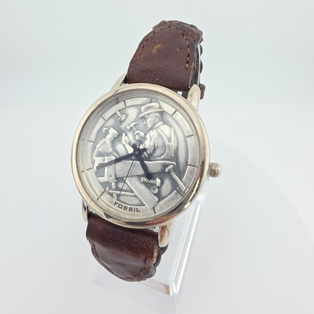Vtg 1990s FOSSIL Carpenter Watch Limited Edition Mens 3D Pewter Brown Leather 8"
